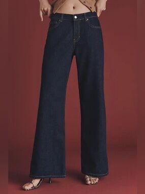 Pilcro x Anthropologie Dark Blue Wash Mid-Rise Wide Leg Denim Pants Size 26